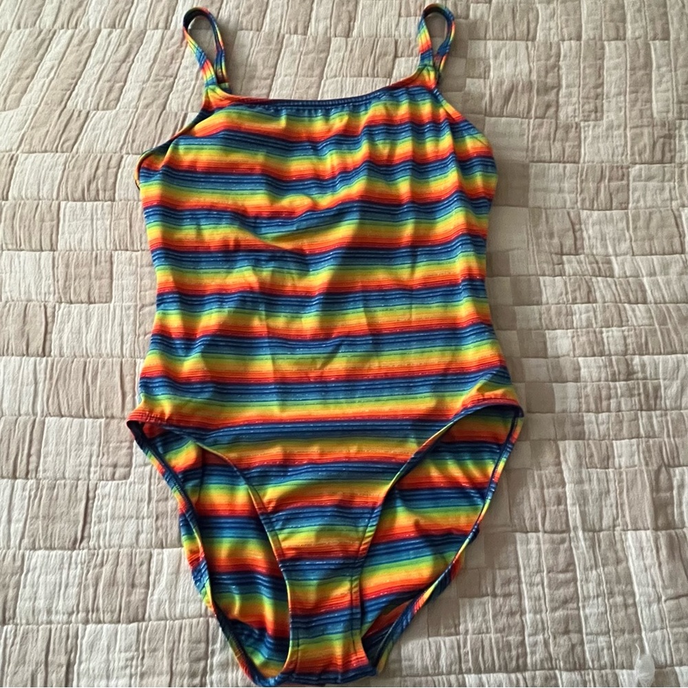 Vintage Monte Carlo Beach Club Rainbow Stripe Metallic Swimsuit - Size 14